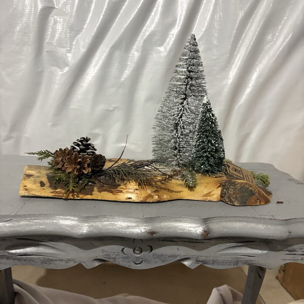 Rustic Live Wood Edge Holiday Log Centerpiece with Snowy Trees and Pinecones - Picture 2 of 2